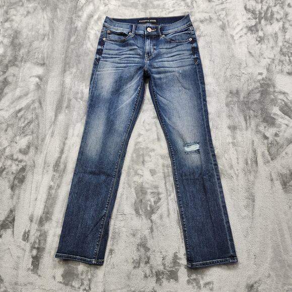 Express Jeans Womens 4 Blue Mid Rise Cropped Skinny Leg Stretch Denim Distressed - Picture 1 of 15
